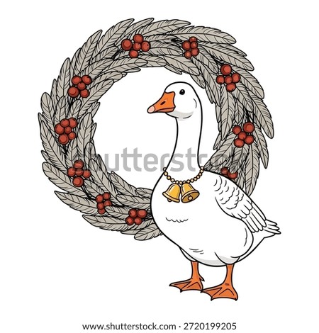 White goose standing in front of wreath decorative winter berries festive fowl adorned with bells simple graphic vector
