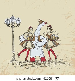 The white goose and two girls in Czech national costumes with mugs of beer on a tray on the street with lantern. Czech Beer Festival. Vintage postcard. Vector hand drawn illustration