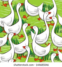 white gooses free run on sunny summer day animal farm life illustration on green messy background seamless pattern