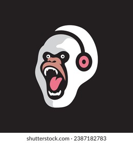 white gorilla beast primate hearing headphone music mascot character cartoon colorful logo design vector icon illustration