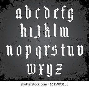 White gothic alphabet on a black background. Cracked vintage texture. Vintage font. Typography for labels, headlines, posters etc.