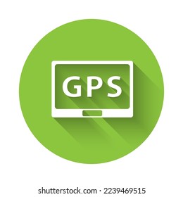 White Gps device with map icon isolated with long shadow. Green circle button. Vector Illustration