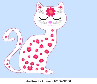 White graceful cat in a drawing of red flowers. A cat that walks by itself. Ornament