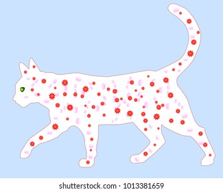 White graceful cat in a drawing of red flowers. A cat that walks by itself. Ornament