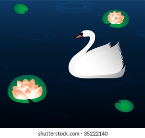 white graceful swan on deep blue water background with surrounding lily flowers