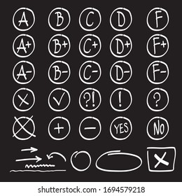 White Grade results set isolated on black background. White doodle hand drawn A, B, C, D, F, arrows, plus, minus, tick, cross, yes, no, interrogative and exclamation mark.