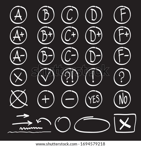 White Grade results set isolated on black background. White doodle hand drawn A, B, C, D, F, arrows, plus, minus, tick, cross, yes, no, interrogative and exclamation mark.