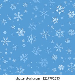 White gradient spot snow flake tracery seamless pattern on blue. Abstract geometric texture background vector illustration. Winter xmas new year ornament for prints, package, cover, greeting card