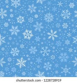 White gradient spot snow flake tracery seamless pattern on blue. Abstract geometric texture background vector illustration. Winter xmas new year ornament for prints, package, cover, greeting card