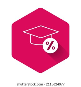 White Graduation cap and coin icon isolated with long shadow background. Education and money. Concept of scholarship cost or loan, tuition or study fee. Pink hexagon button. Vector