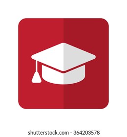 White Graduation Cap flat icon on red rounded square on white