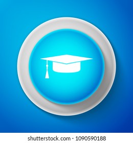 White Graduation cap icon isolated on blue background. Graduation hat with tassel icon. Circle blue button with white line. Vector Illustration