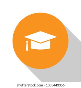 White Graduation cap icon isolated on white background. Graduation hat with tassel icon. Orange circle button. Flat design. Vector Illustration