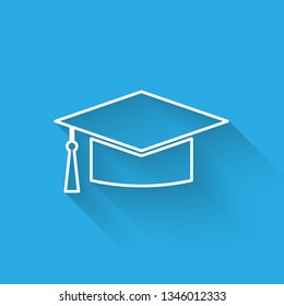 White Graduation cap icon isolated with long shadow. Graduation hat with tassel icon. Vector Illustration