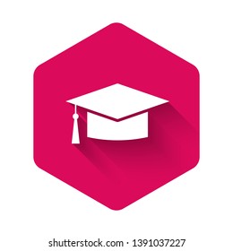 White Graduation cap icon isolated with long shadow. Graduation hat with tassel icon. Pink hexagon button. Vector Illustration