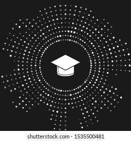 White Graduation cap icon isolated on grey background. Graduation hat with tassel icon. Abstract circle random dots. Vector Illustration