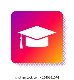 White Graduation cap icon isolated on white background. Graduation hat with tassel icon. Square color button. Vector Illustration