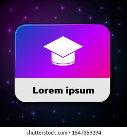 White Graduation cap icon isolated on black background. Graduation hat with tassel icon. Rectangle color button. Vector Illustration