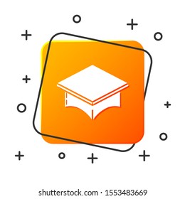 White Graduation cap icon isolated on white background. Graduation hat with tassel icon. Orange square button. Vector Illustration