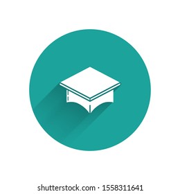 White Graduation cap icon isolated with long shadow. Graduation hat with tassel icon. Green circle button. Vector Illustration