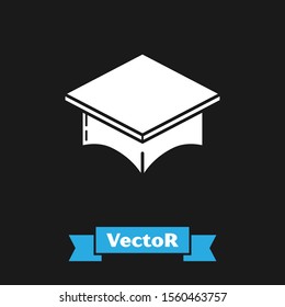 White Graduation cap icon isolated on black background. Graduation hat with tassel icon.  Vector Illustration