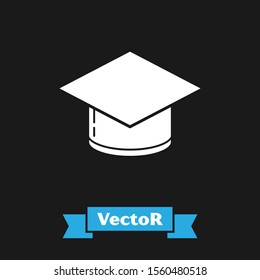 White Graduation cap icon isolated on black background. Graduation hat with tassel icon.  Vector Illustration
