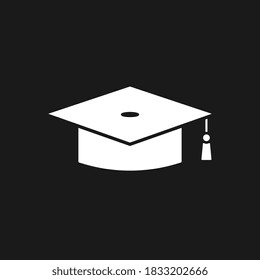 White Graduation cap icon isolated on black background. Graduation hat with tassel icon. Flat design. Vector Illustration