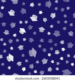 White Graduation cap icon isolated seamless pattern on blue background. Graduation hat with tassel icon.  Vector