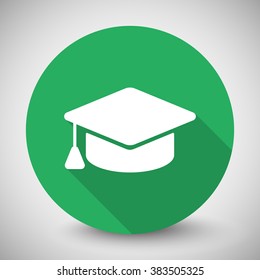 White Graduation Cap icon with long shadow on green circle