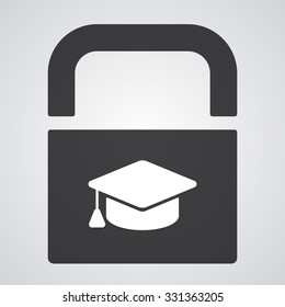 White Graduation Cap icon on black pad lock