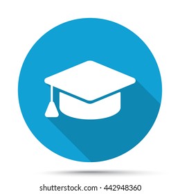 White Graduation Cap icon on blue button isolated on white