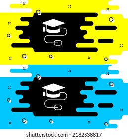 Tapa de graduación blanca con el icono del ratón aislado en el fondo negro. Símbolo mundial de la educación. Aprendizaje en línea o concepto de e-learning.  Vector