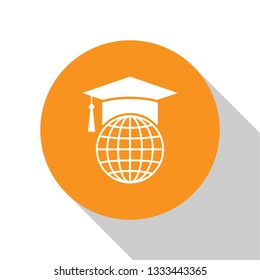 White Graduation cap on globe icon isolated on white background. World education symbol. Online learning or e-learning concept. Orange circle button. Flat design. Vector Illustration