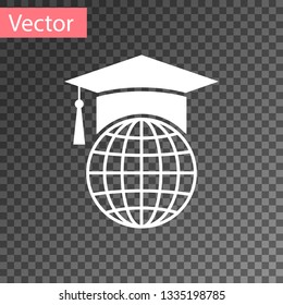 White Graduation cap on globe icon isolated on transparent background. World education symbol. Online learning or e-learning concept. Vector Illustration