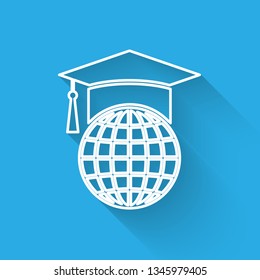White Graduation cap on globe icon isolated with long shadow. World education symbol. Online learning or e-learning concept. Vector Illustration