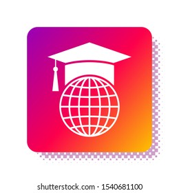 White Graduation cap on globe icon isolated on white background. World education symbol. Online learning or e-learning concept. Square color button. Vector Illustration