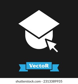White Graduation cap on globe icon isolated on black background. World education symbol. Online learning or e-learning concept.  Vector Illustration