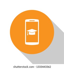 White Graduation cap on screen smartphone icon isolated on white background. Online learning or e-learning concept. Orange circle button. Flat design. Vector Illustration