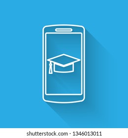 White Graduation cap on screen smartphone icon isolated with long shadow. Online learning or e-learning concept. Vector Illustration