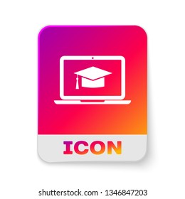 White Graduation cap on screen laptop icon isolated on white background. Online learning or e-learning concept. Rectangle color button. Vector Illustration