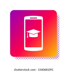 White Graduation cap on screen smartphone icon isolated on white background. Online learning or e-learning concept. Square color button. Vector Illustration