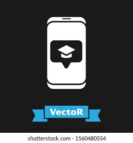 White Graduation cap on screen smartphone icon isolated on black background. Online learning or e-learning concept.  Vector Illustration