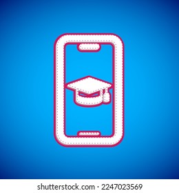 White Graduation cap on screen smartphone icon isolated on blue background. Online learning or e-learning concept.  Vector