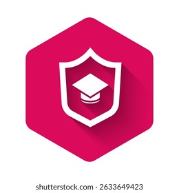 White Graduation cap with shield icon isolated with long shadow. Insurance concept. Security, safety, protection, protect concept. Pink hexagon button. Vector