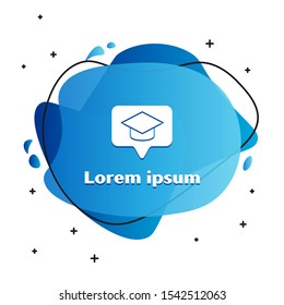 White Graduation cap in speech bubble icon isolated on white background. Graduation hat with tassel icon. Abstract banner with liquid shapes. Vector Illustration