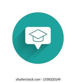 White Graduation cap in speech bubble icon isolated with long shadow. Graduation hat with tassel icon. Green circle button. Vector Illustration