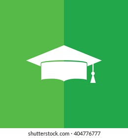 White graduation hat icon vector illustration. Green background