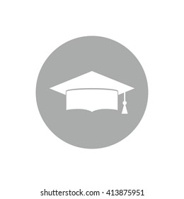 White graduation hat icon vector illustration. Gray circle. Gray button