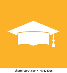 White graduation hat icon vector illustration. Yellow background