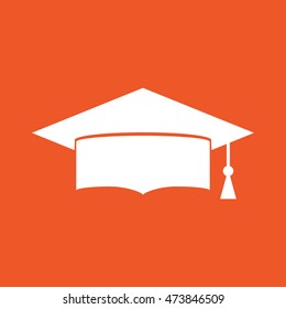White graduation hat icon vector illustration. Orange background